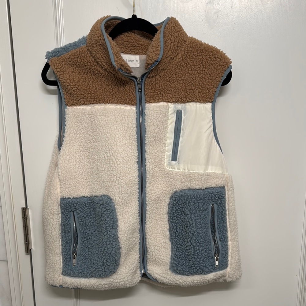 Mia & Tess Patchwork Sherpa Vest with Pockets